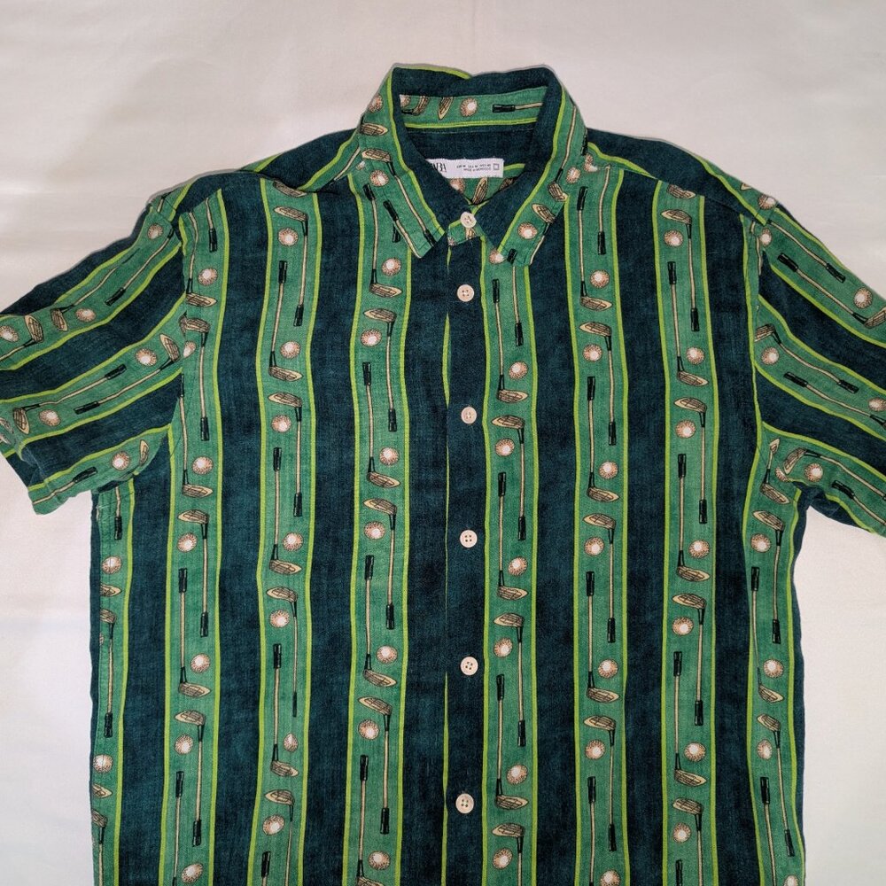 Zara Mens Green Stripe AOP Golf Button Down Shirt Size Meduim  Viscose